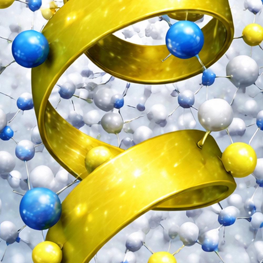 Trực quan h&oacute;a ph&acirc;n tử 3D của mạng lưới ph&acirc;n tử c&oacute; cấu tr&uacute;c xoắn ốc m&agrave;u v&agrave;ng được bao quanh bởi mạng lưới ph&acirc;n tử